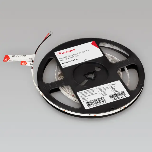 Светодиодная лента RT-A120-8mm 24V Red (9.6 W/m, IP20, 2835, 5m), ракурс 2