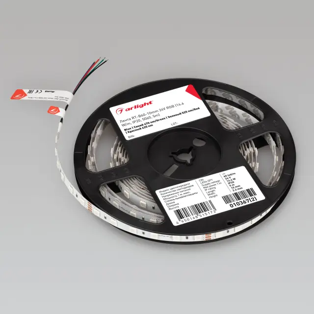 Светодиодная лента RT-B60-10mm 24V RGB (14.4 W/m, IP20, 5060, 5m), ракурс 3