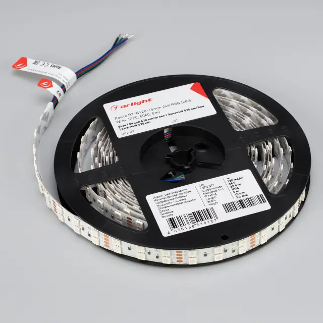 Светодиодная лента RT-B120-15mm 24V RGB (28.8 W/m, IP20, 5060, 5m), ракурс 4