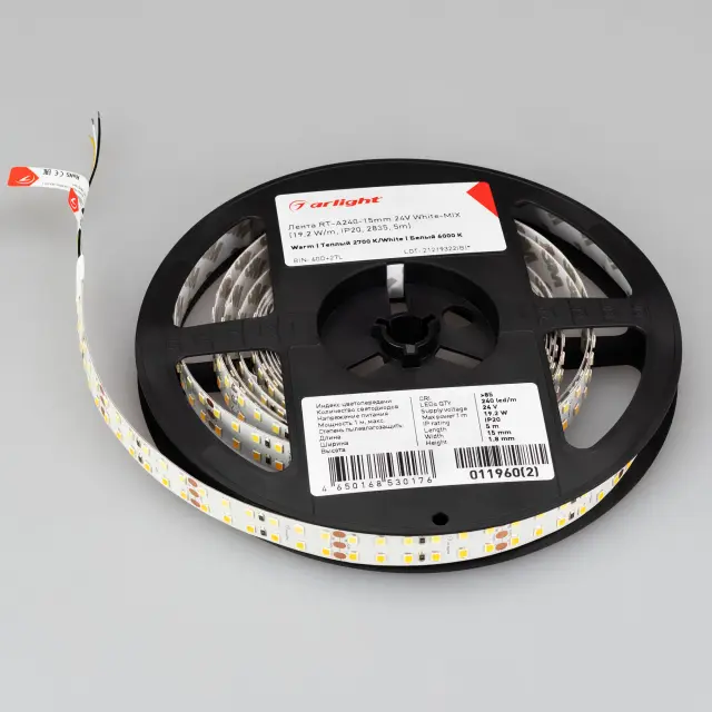 Светодиодная лента RT-A240-15mm 24V White-MIX (19.2 W/m, IP20, 2835, 5m), ракурс 4
