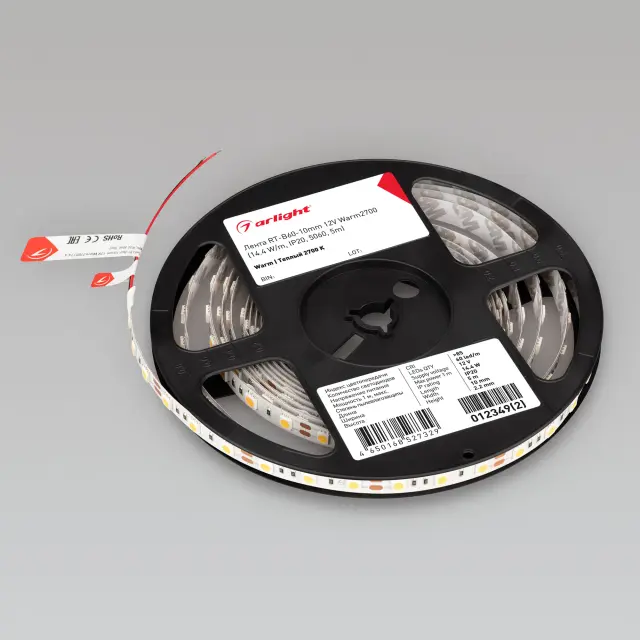 Светодиодная лента RT-B60-10mm 12V Warm2700 (14.4 W/m, IP20, 5060, 5m), ракурс 4