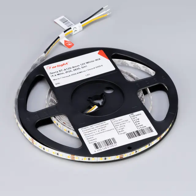 Светодиодная лента RT-A120-8mm 12V White-MIX (9.6 W/m, IP20, 2835, 5m), ракурс 3