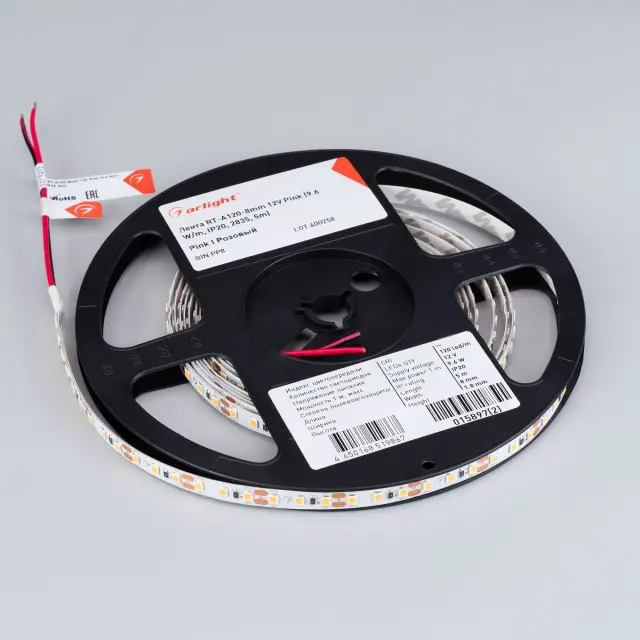 Светодиодная лента RT-A120-8mm 12V Pink (9.6 W/m, IP20, 2835, 5m), ракурс 3