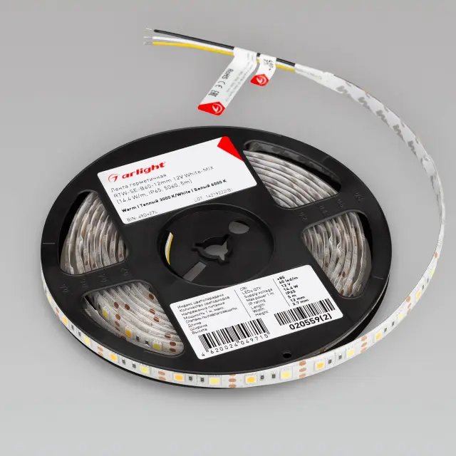 Светодиодная лента герметичная RTW-SE-B60-12mm 12V White-MIX (14.4 W/m, IP65, 5060, 5m), ракурс 3
