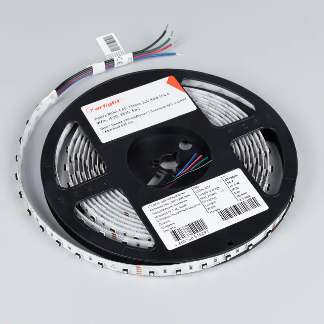 Светодиодная лента MINI-F60-10mm 24V RGB (14.4 W/m, IP20, 3535, 5m), ракурс 3