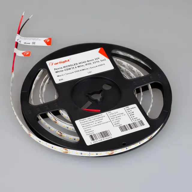 Светодиодная лента MICROLED-M240-8mm 24V White-CDW (9.6 W/m, IP20, 2216, 5m), ракурс 3