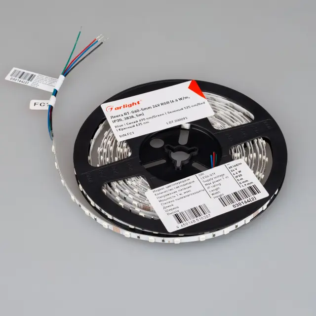 Светодиодная лента RT-G60-5mm 24V RGB (6.6 W/m, IP20, 3838, 5m), ракурс 3
