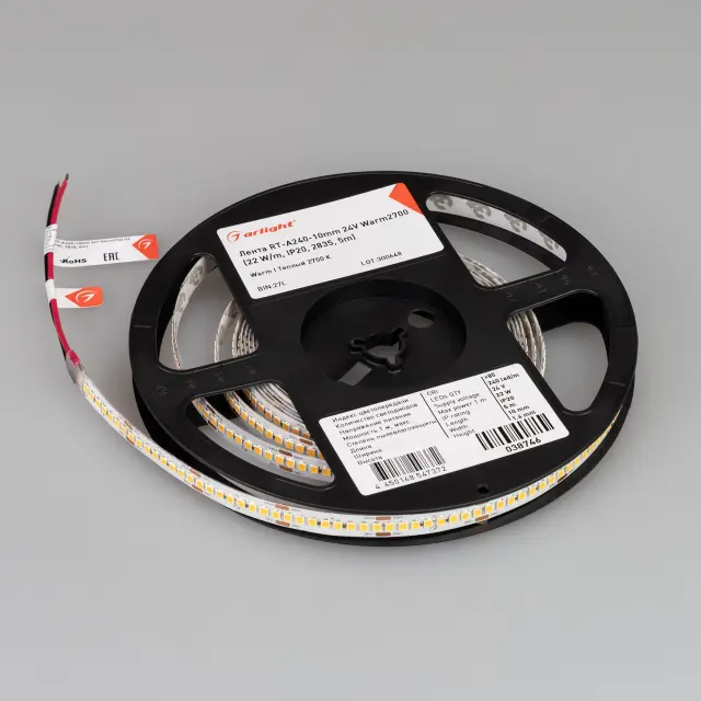 Светодиодная лента RT-A240-10mm 24V Warm2700 (22 W/m, IP20, 2835, 5m), ракурс 2