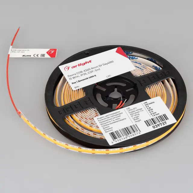 Светодиодная лента COB-X360-8mm 5V Day4000 (5 W/m, IP20, 5m), ракурс 3