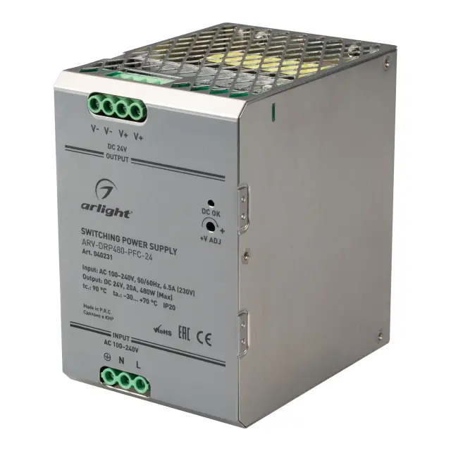 Блок питания ARV-DRP480-PFC-24 (24V, 20A, 480W)