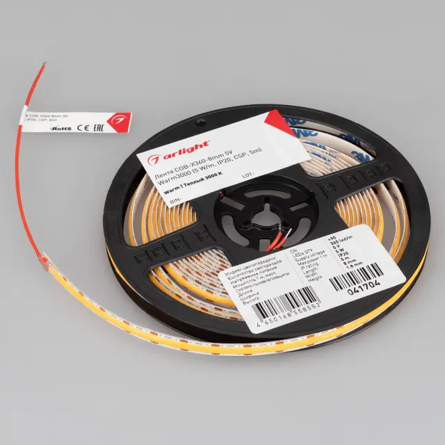 Светодиодная лента COB-X360-8mm 5V Warm3000 (5 W/m, IP20, 5m), ракурс 3