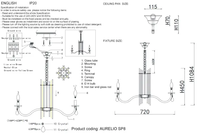 Люстра Crystal Lux AURELIO SP8 GOLD+CHROME/TRANSPARENT — хром, ракурс 5