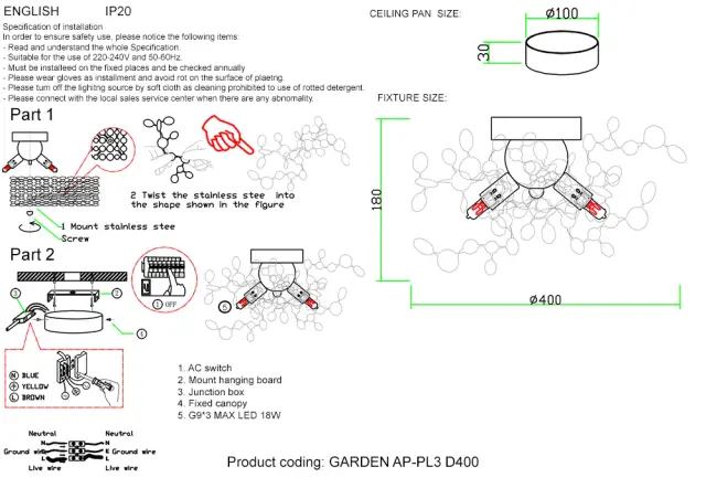 Бра Crystal Lux GARDEN AP-PL3 D400 CHROME — хром, ракурс 4