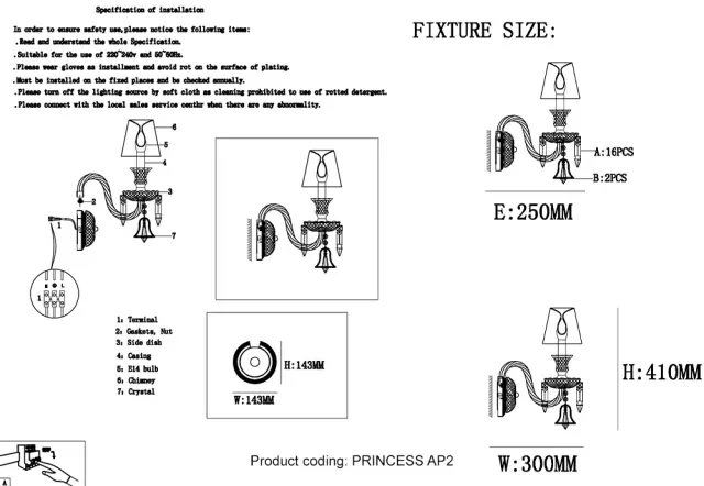 Бра Crystal Lux PRINCESS AP2 — хром, ракурс 2