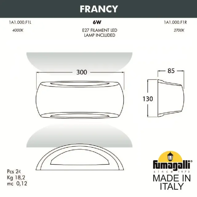 Уличный светильник Fumagalli 1A1.000.000.WYF1R FRANCY — белый, ракурс 3