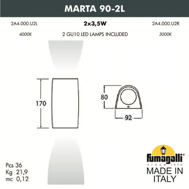 Уличный светильник Fumagalli 2A4.000.000.WXU2L MARTA — белый, ракурс 3