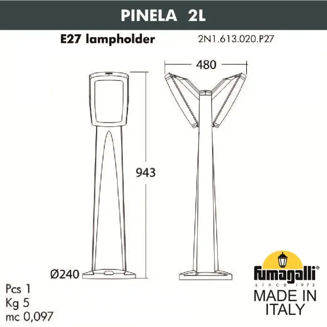 Наземный уличный светильник Fumagalli 2N1.613.020.LYF1R GERMANA — серый, ракурс 2