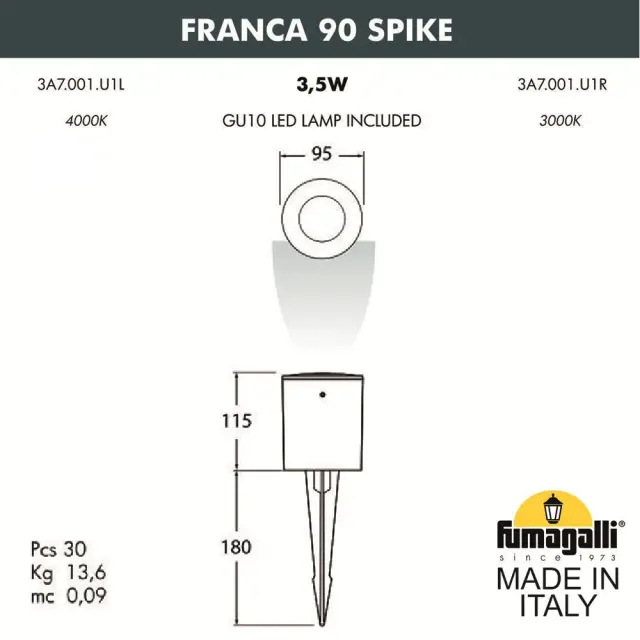 Архитектурная подсветка Fumagalli 3A7.001.000.LXU1L FRANCA 90 — серый, ракурс 3