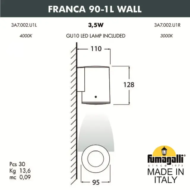 Уличный светильник Fumagalli 3A7.002.000.AXU1L FRANCA 90 — черный, ракурс 3
