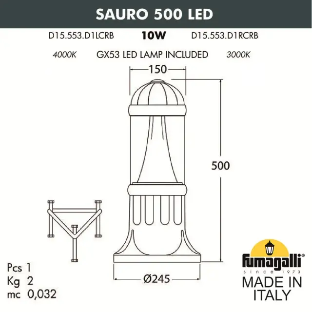 Наземный уличный светильник Fumagalli D15.553.000.LXD1L.CRB SAURO — серый, ракурс 3