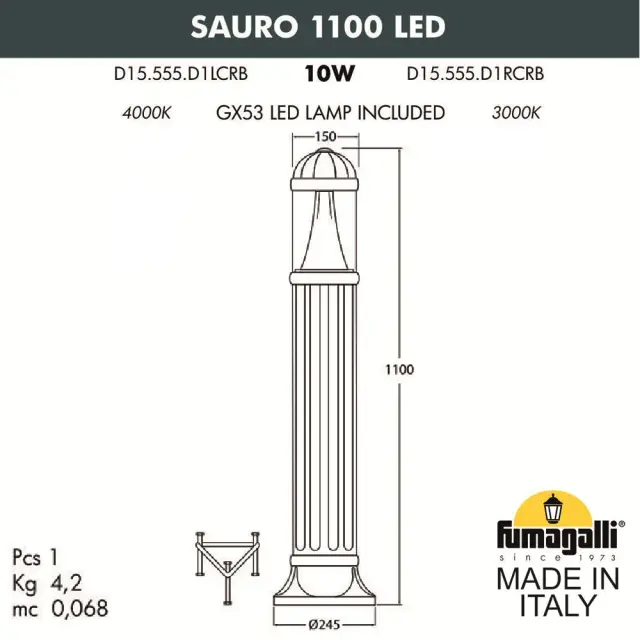 Наземный уличный светильник Fumagalli D15.555.000.AXD1L.CRB SAURO — черный, ракурс 3