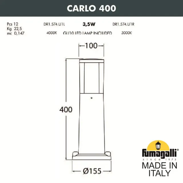 Наземный уличный светильник Fumagalli DR1.574.000.LXU1L CARLO — серый, ракурс 3