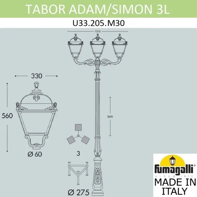Фонарный столб Fumagalli U33.205.M30.AYH27 SIMON — черный, ракурс 2