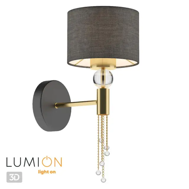Настенный бра Lumion с матовым черным текстильным плафоном, латунной арматурой и цепочкой со стеклянными шарами, ракурс 4