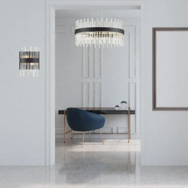 Накладное бра Lumion в стиле минимализм, черная матовая металлическая основа и вертикальные прозрачные стеклянные трубки, ракурс 4
