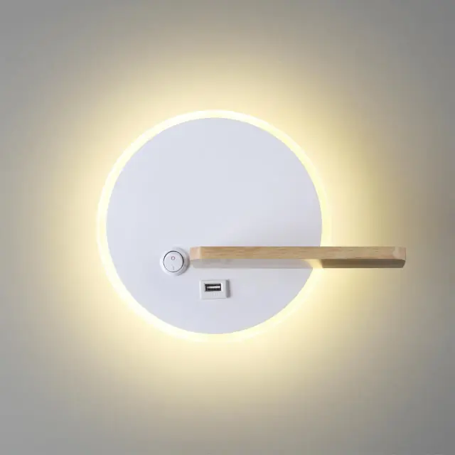 Бра Lumion белый с деревянным элементом, круглый дизайн, матовый корпус и встроенная полка, ракурс 2