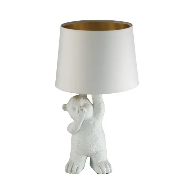Настольная лампа Lumion BEAR, белый матовый текстильный плафон и фигурная основа в виде медвежонка