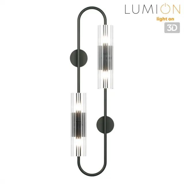 Накладное бра Lumion с четырьмя вертикальными прозрачными стеклянными плафонами на черном матовом металлическом корпусе, ракурс 3