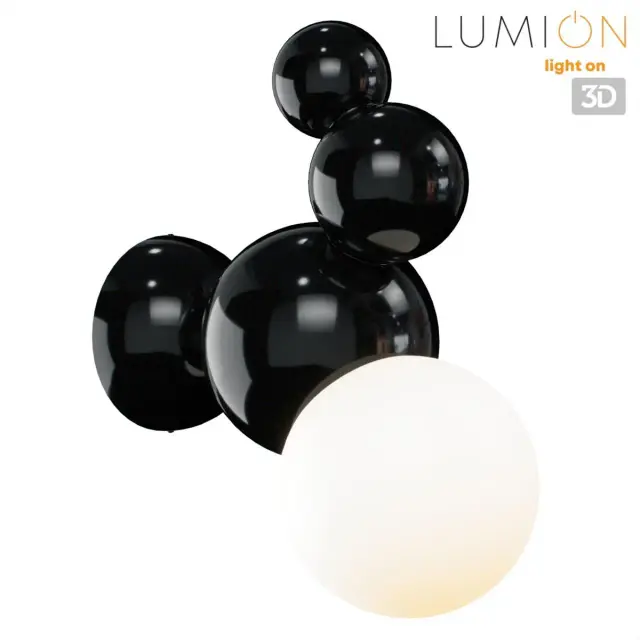 Бра Lumion в стиле модерн с композицией из нескольких черных глянцевых сфер и одного крупного белого матового плафона, ракурс 3