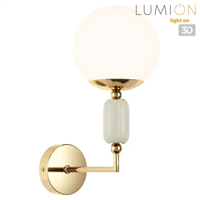 Бра Lumion в стиле Арт-деко с круглым матовым белым плафоном и декоративным керамическим элементом на золотистой, ракурс 4