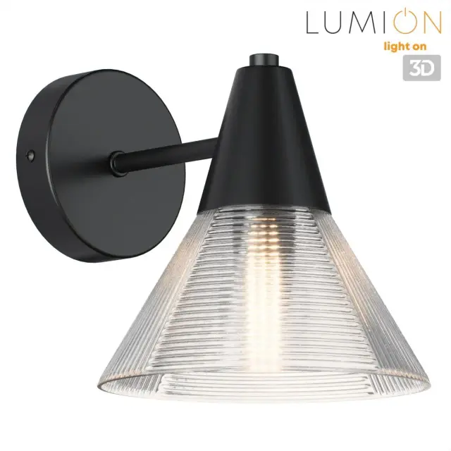 Бра Lumion черный матовый металл с конусным плафоном из прозрачного рельефного стекла, ракурс 4