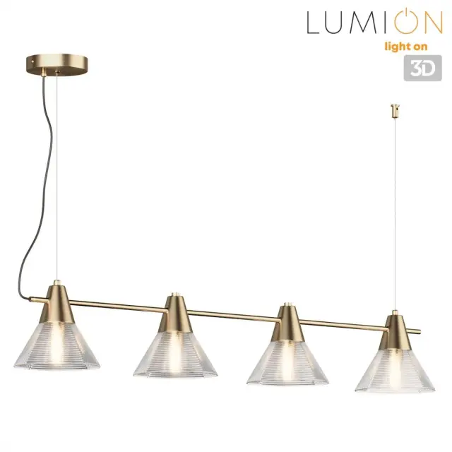 Подвесной светильник Lumion из латуни с четырьмя конусными плафонами из прозрачного рельефного стекла, ракурс 3