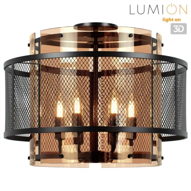 Потолочная люстра лофт Lumion с черной металлической сеткой и ярусами янтарного матового стекла, ракурс 4