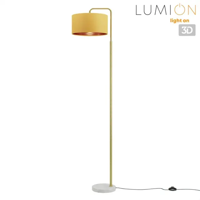Торшер Lumion со светлым мраморным основанием, вертикальным золотым корпусом и желтым плафоном из бархатной ткани, ракурс 4