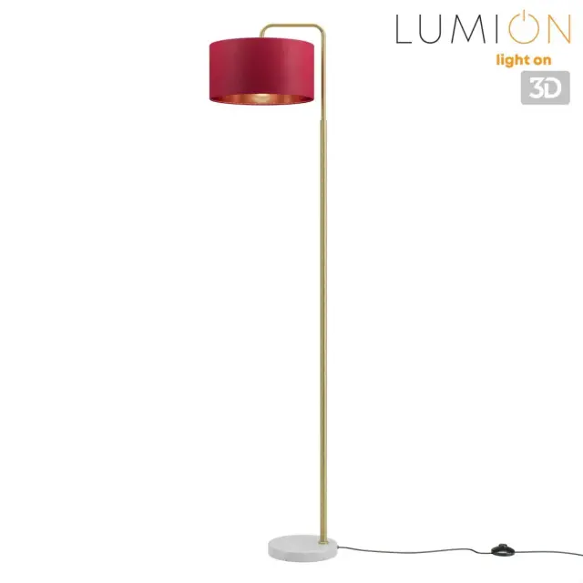 Торшер Lumion со стильным силуэтом, красный бархатный плафон на золотой металлической арматуре и мраморном основании, ракурс 4