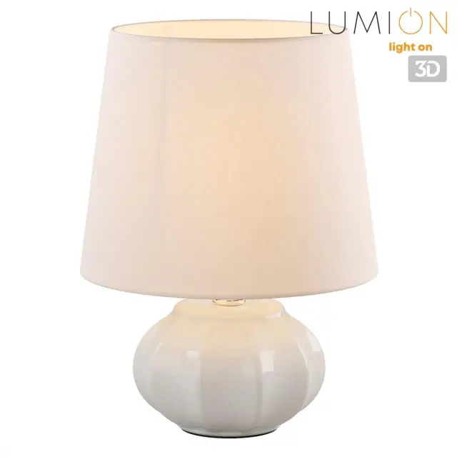 Настольная лампа Lumion в стиле неоклассика с матовым белым керамическим основанием и тканевым абажуром, ракурс 3