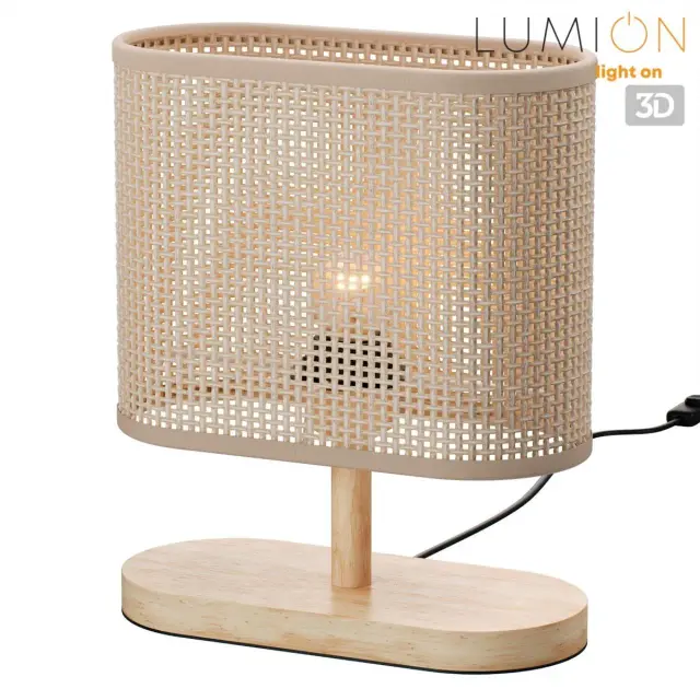 Настольная лампа Lumion MADERANA, сочетающая бежевый рельефный текстильный плафон и массивное деревянное основание, ракурс 4
