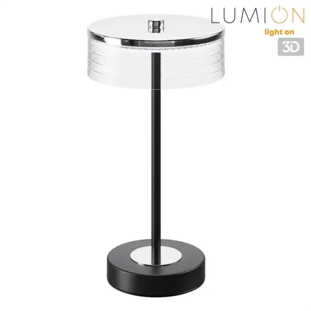 Настольная лампа Lumion в минималистичном стиле с черным металлическим основанием и прозрачным акриловым плафоном, ракурс 4