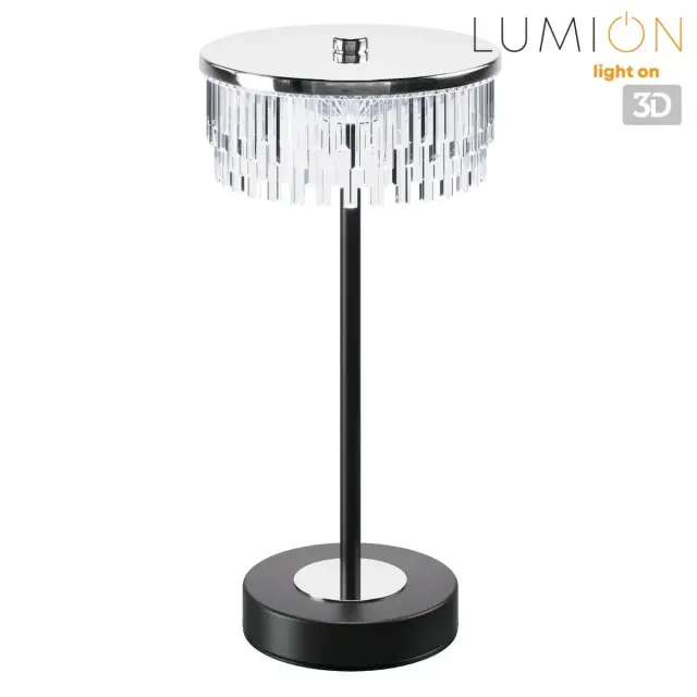 Настольная лампа Lumion SATIANA с круглым прозрачным акриловым плафоном и матовым черным металлическим основанием, ракурс 4