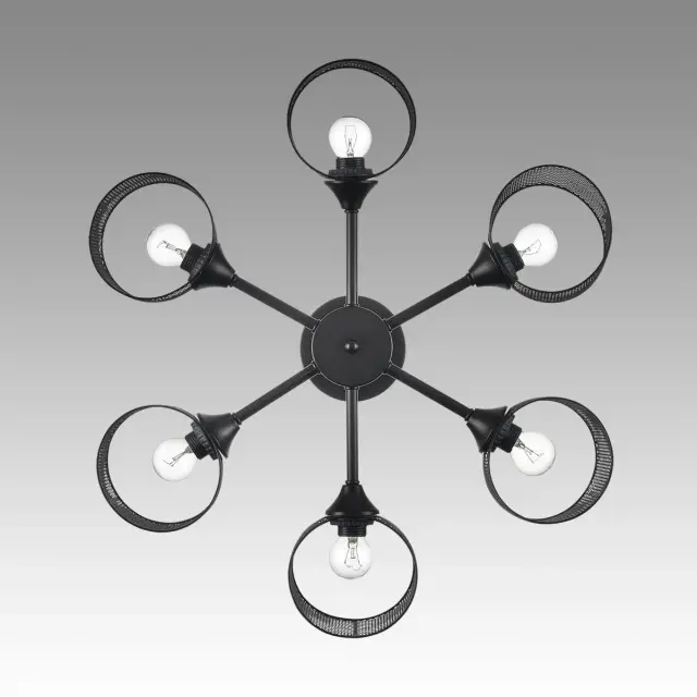 Потолочная люстра лофт Lumion с 6 цилиндрическими плафонами из черной матовой металлической сетки, ракурс 3