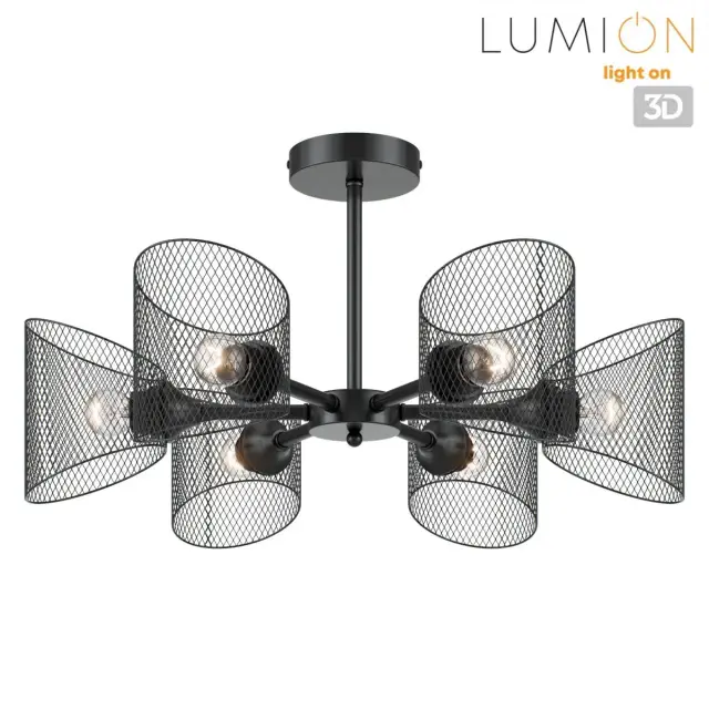 Потолочная люстра лофт Lumion с 6 цилиндрическими плафонами из черной матовой металлической сетки, ракурс 4
