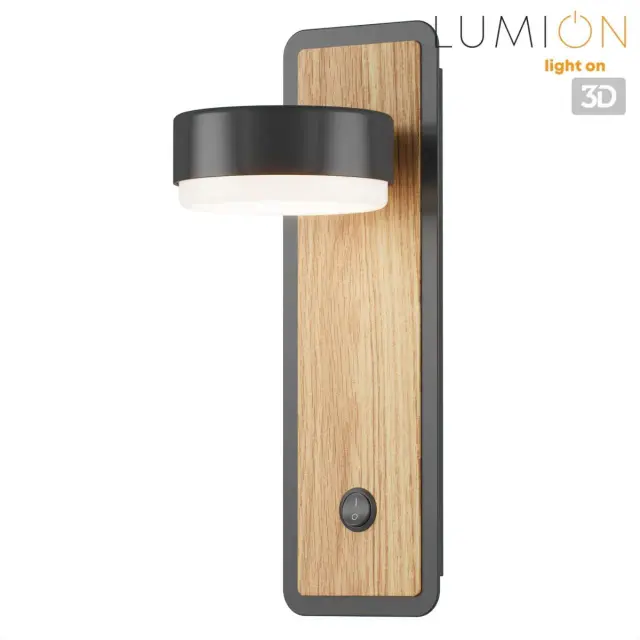 Бра Lumion в скандинавском стиле с бежевой деревянной основой и матовым черным плафоном, ракурс 4