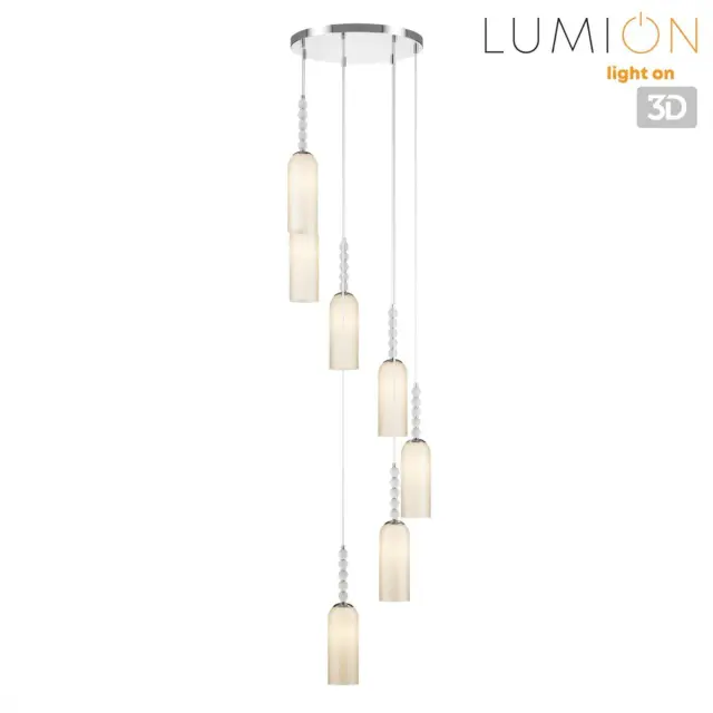 Подвесной светильник Lumion из хрома с семью подвесными лампами, матовые белые стеклянные плафоны и бусины, ракурс 5