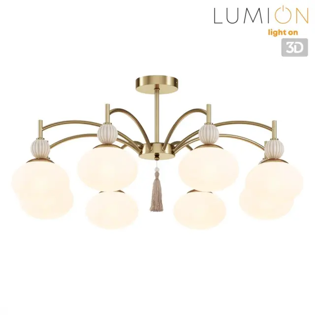 Потолочная люстра Lumion из латуни с восемью матовыми белыми стеклянными плафонами и декоративными подвесами, ракурс 5