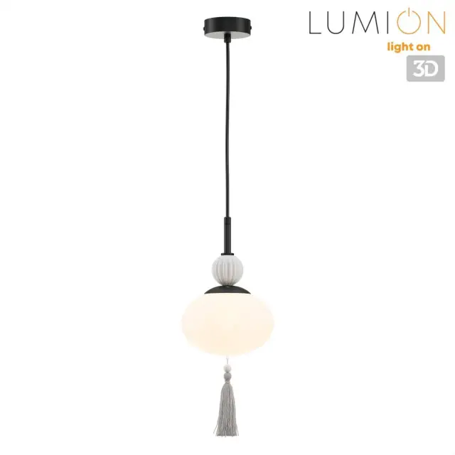 Подвесной светильник Lumion в стиле модерн с белым матовым эллипсоидным плафоном и черными элементами арматуры, ракурс 5