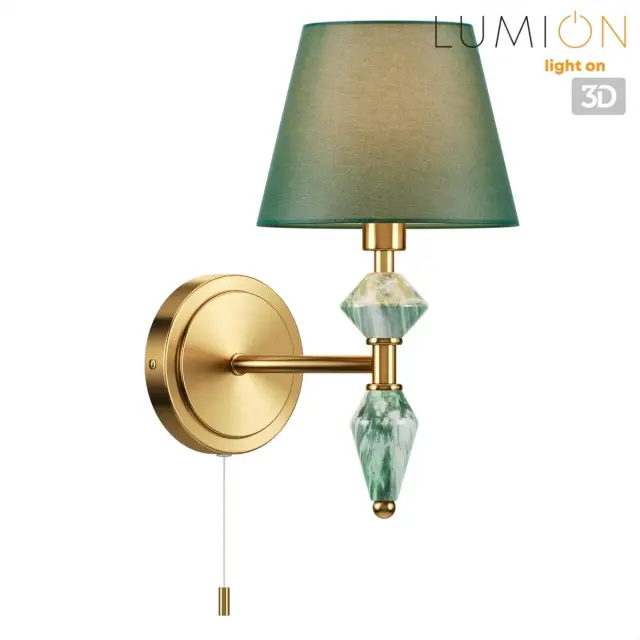 Бра Lumion из латуни с зеленым матовым текстильным плафоном и декоративной керамикой, имитирующей малахит, ракурс 4